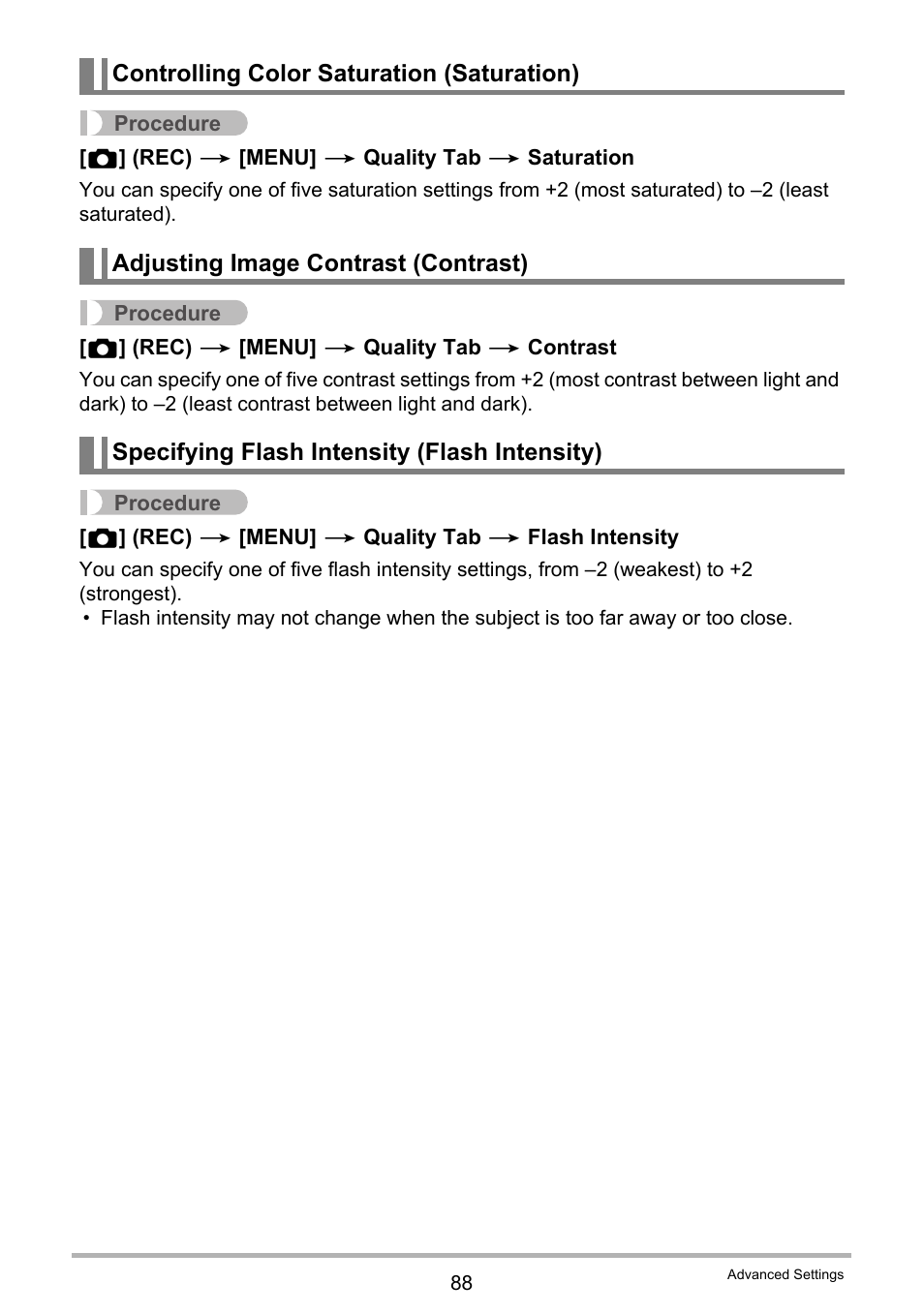 Controlling color saturation (saturation), Adjusting image contrast (contrast), Specifying flash intensity (flash intensity) | Casio EX-H35 User Manual | Page 88 / 180