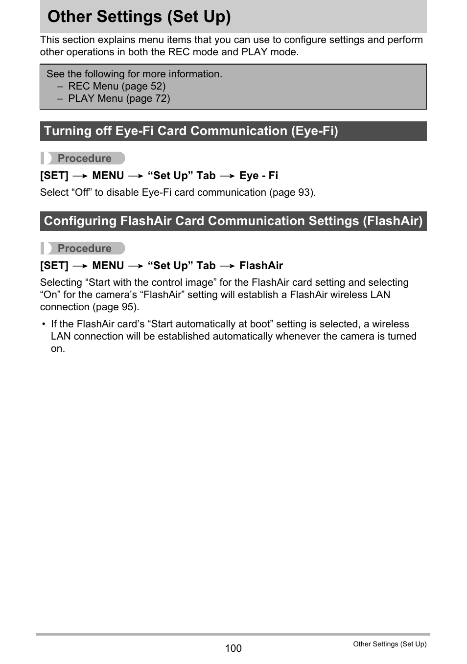 Other settings (set up), Turning off eye-fi card communication (eye-fi), Other settings | Set up) 100, Age 100 | Casio EX-H60 User Manual | Page 100 / 136