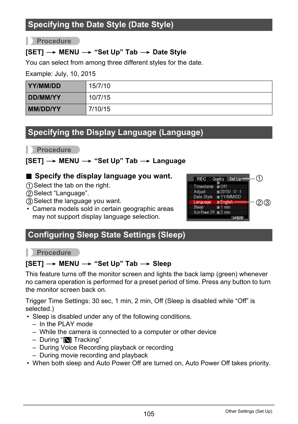 Specifying the date style (date style), Specifying the display language (language), Configuring sleep state settings (sleep) | Casio EX-H60 User Manual | Page 105 / 136