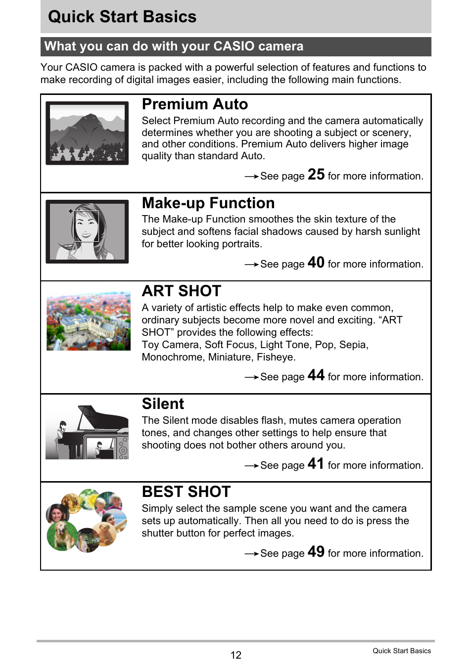 Quick start basics, What you can do with your casio camera, Premium auto | Make-up function, Art shot, Silent, Best shot | Casio EX-H60 User Manual | Page 12 / 136