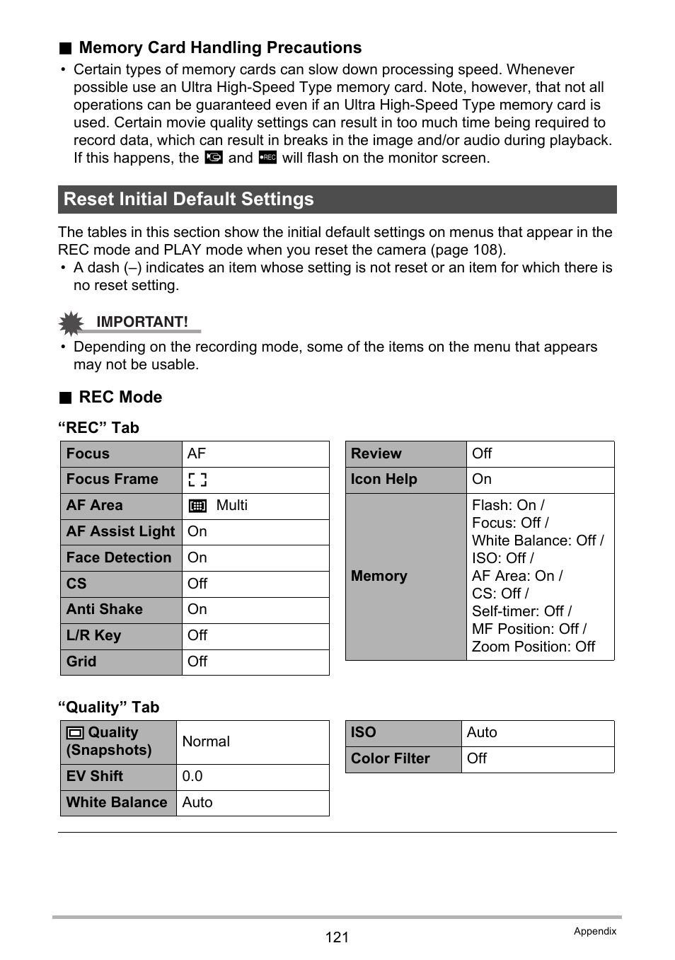 Reset initial default settings | Casio EX-H60 User Manual | Page 121 / 136