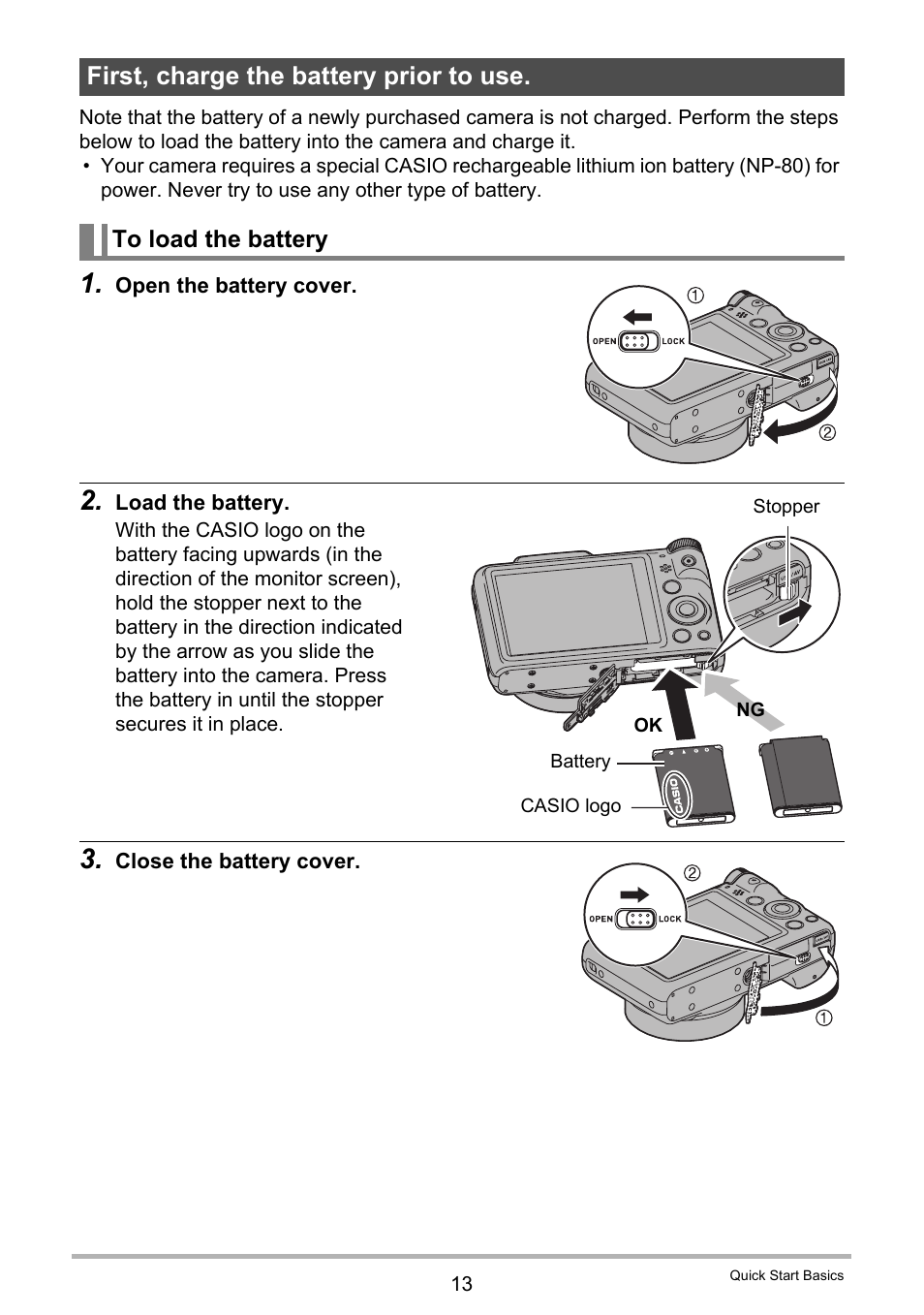 First, charge the battery prior to use, To load the battery | Casio EX-H60 User Manual | Page 13 / 136