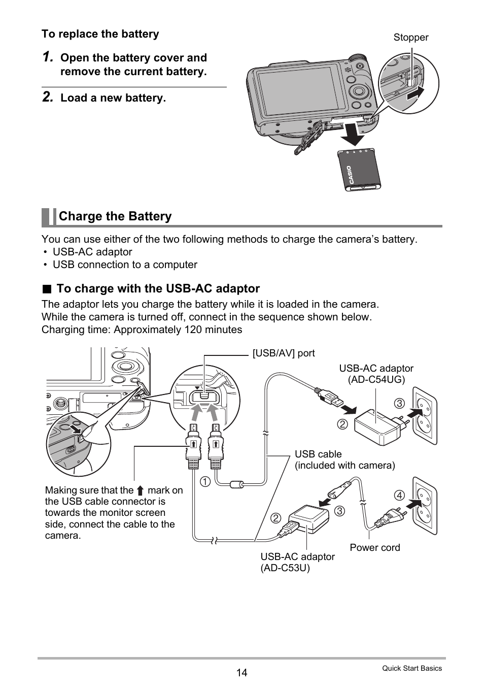 Charge the battery | Casio EX-H60 User Manual | Page 14 / 136