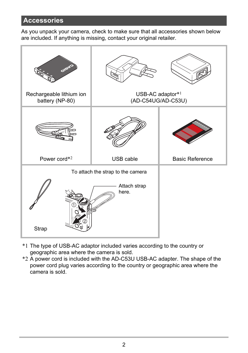 Accessories | Casio EX-H60 User Manual | Page 2 / 136