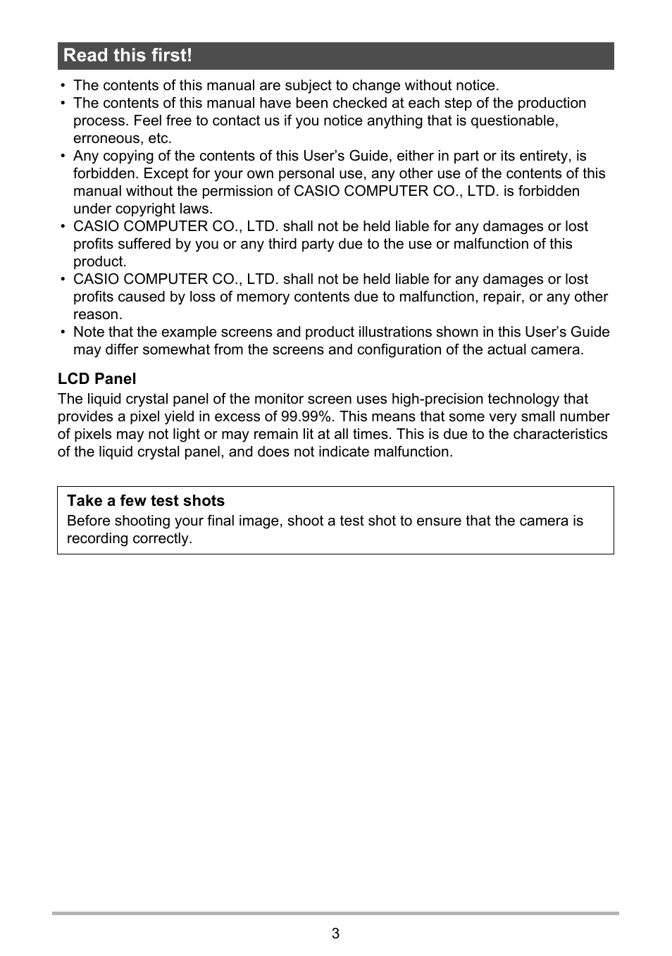 Read this first | Casio EX-H60 User Manual | Page 3 / 136