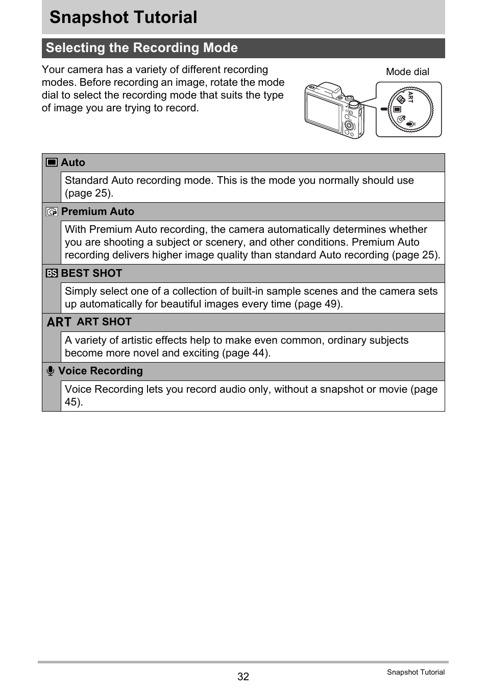 Snapshot tutorial, Selecting the recording mode | Casio EX-H60 User Manual | Page 32 / 136
