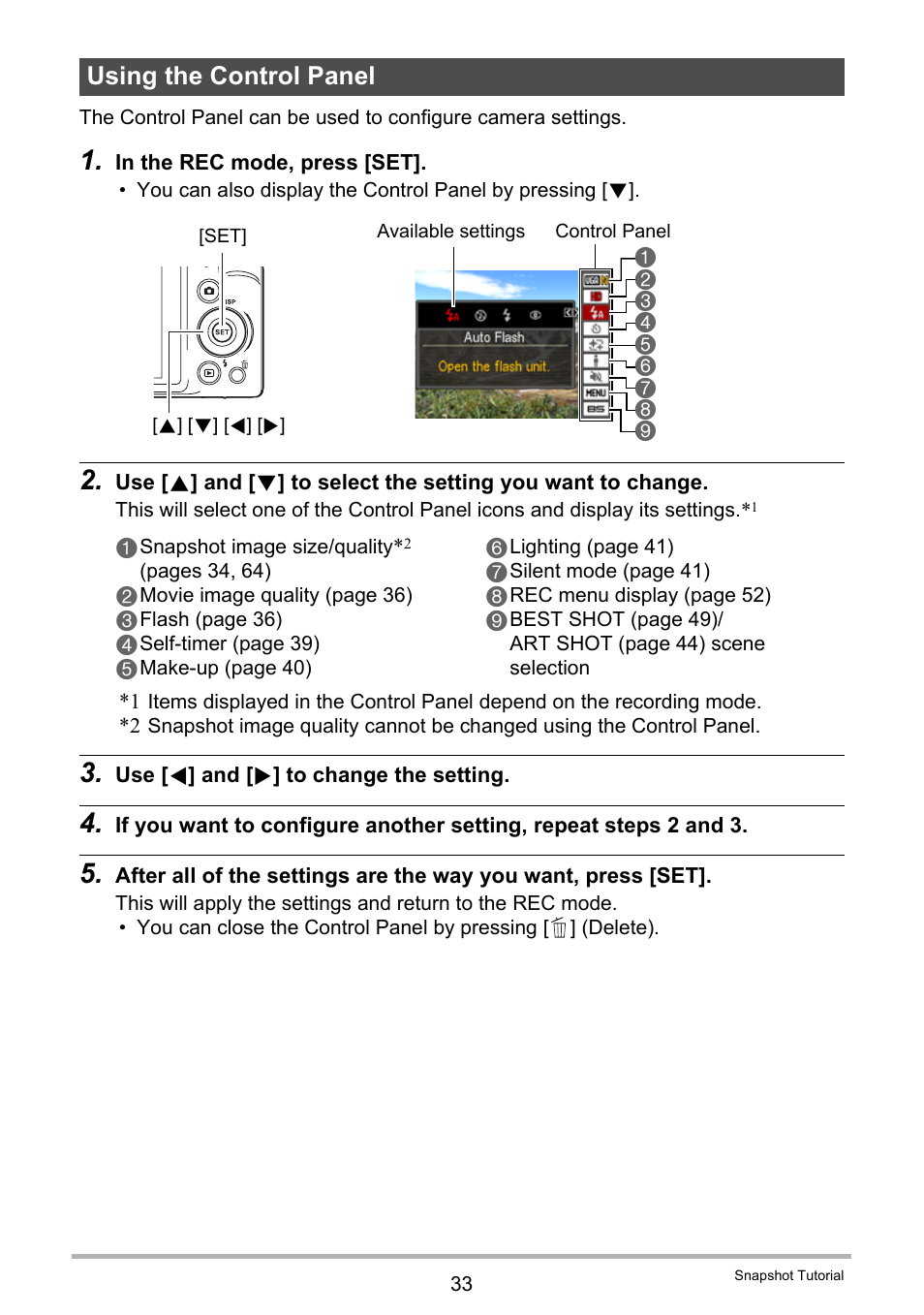 Using the control panel | Casio EX-H60 User Manual | Page 33 / 136