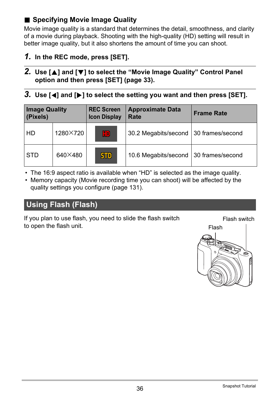 Using flash (flash) | Casio EX-H60 User Manual | Page 36 / 136
