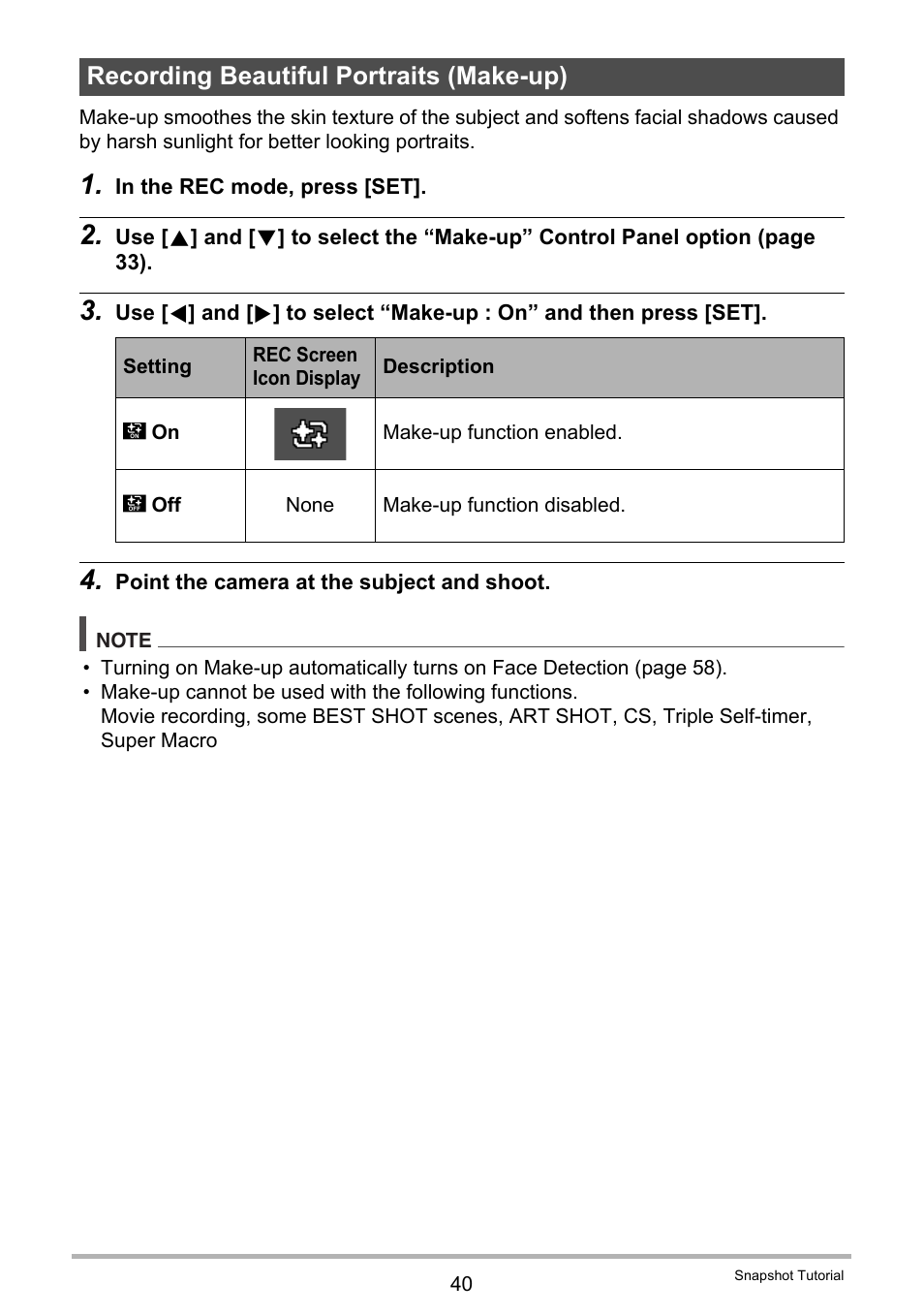 Recording beautiful portraits (make-up) | Casio EX-H60 User Manual | Page 40 / 136