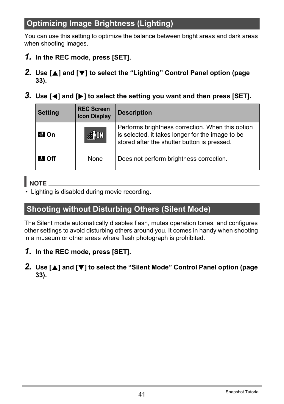 Optimizing image brightness (lighting), Shooting without disturbing others (silent mode) | Casio EX-H60 User Manual | Page 41 / 136