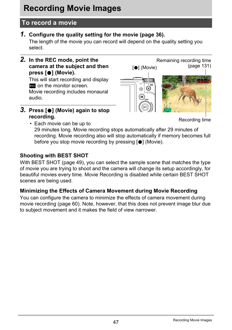Recording movie images, To record a movie, Ge 47 for | Casio EX-H60 User Manual | Page 47 / 136