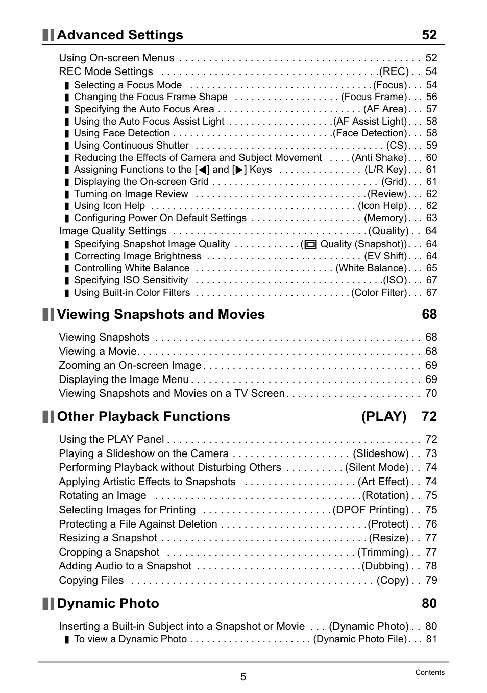 Advanced settings 52, Viewing snapshots and movies 68, Other playback functions (play) 72 | Dynamic photo 80 | Casio EX-H60 User Manual | Page 5 / 136