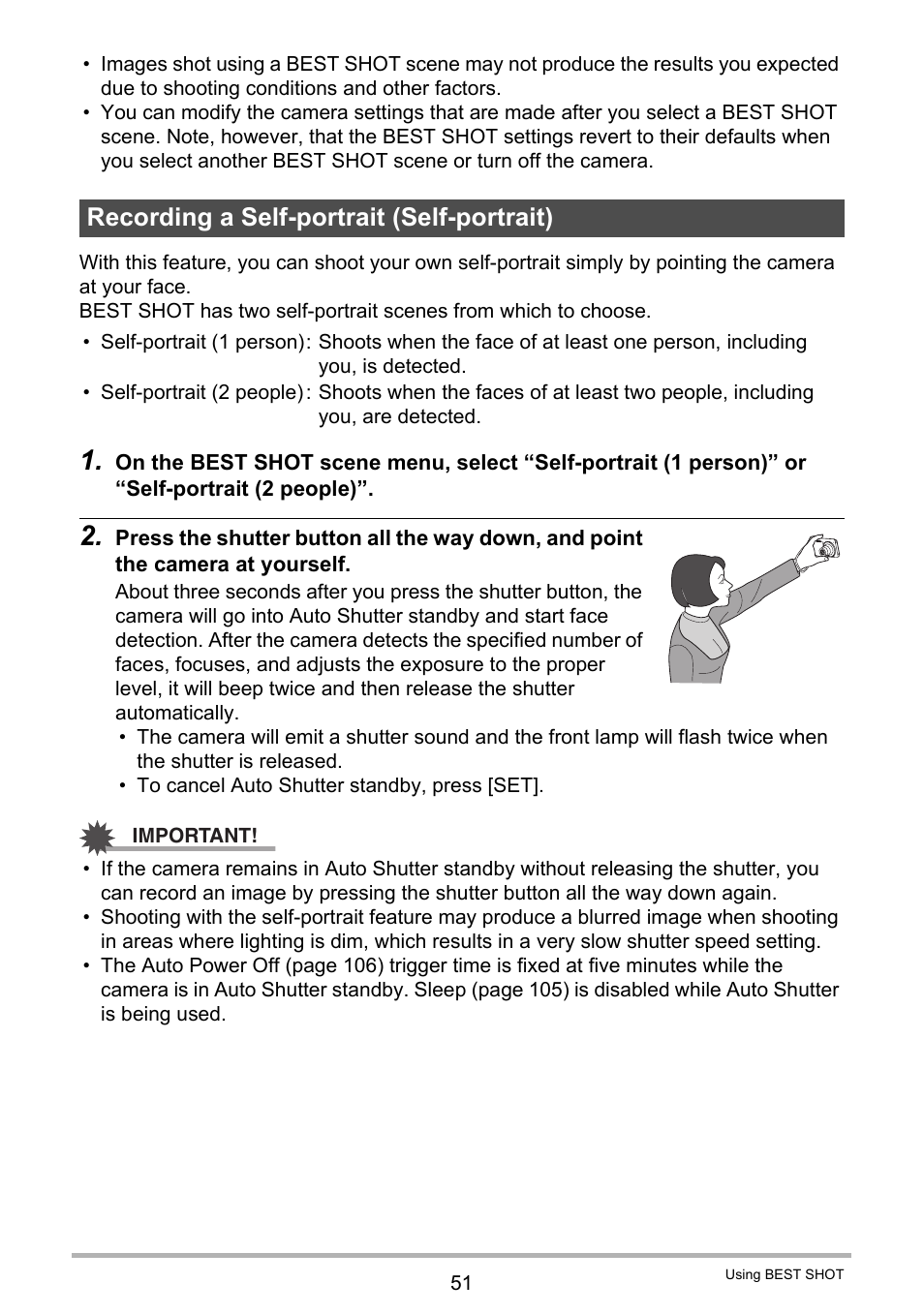 Recording a self-portrait (self-portrait) | Casio EX-H60 User Manual | Page 51 / 136