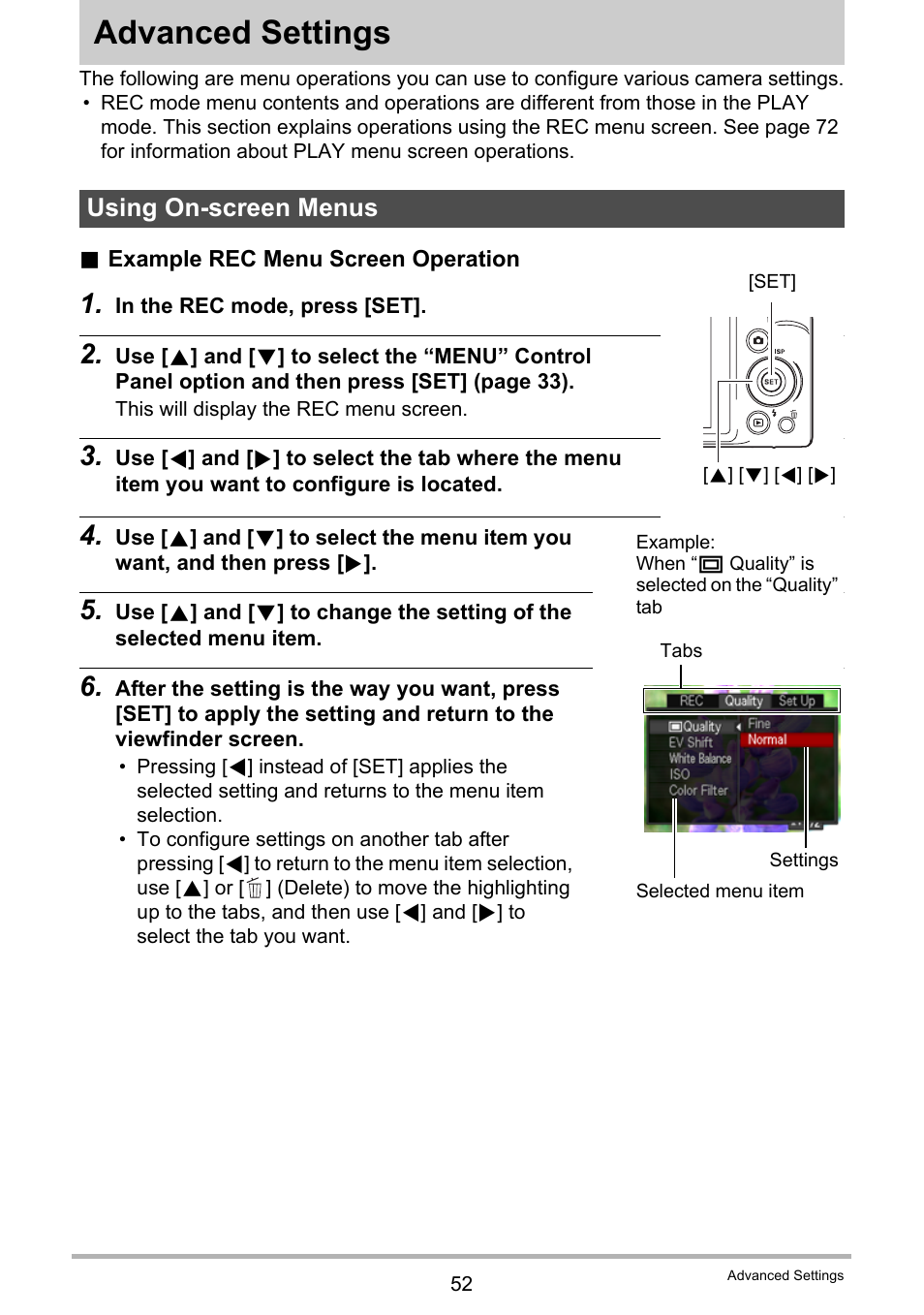 Advanced settings, Using on-screen menus | Casio EX-H60 User Manual | Page 52 / 136
