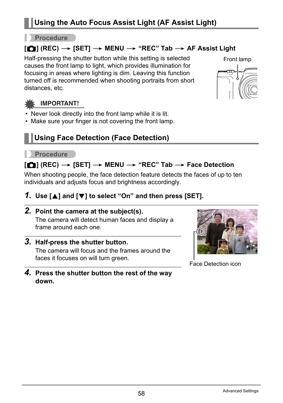 Using face detection (face detection) | Casio EX-H60 User Manual | Page 58 / 136