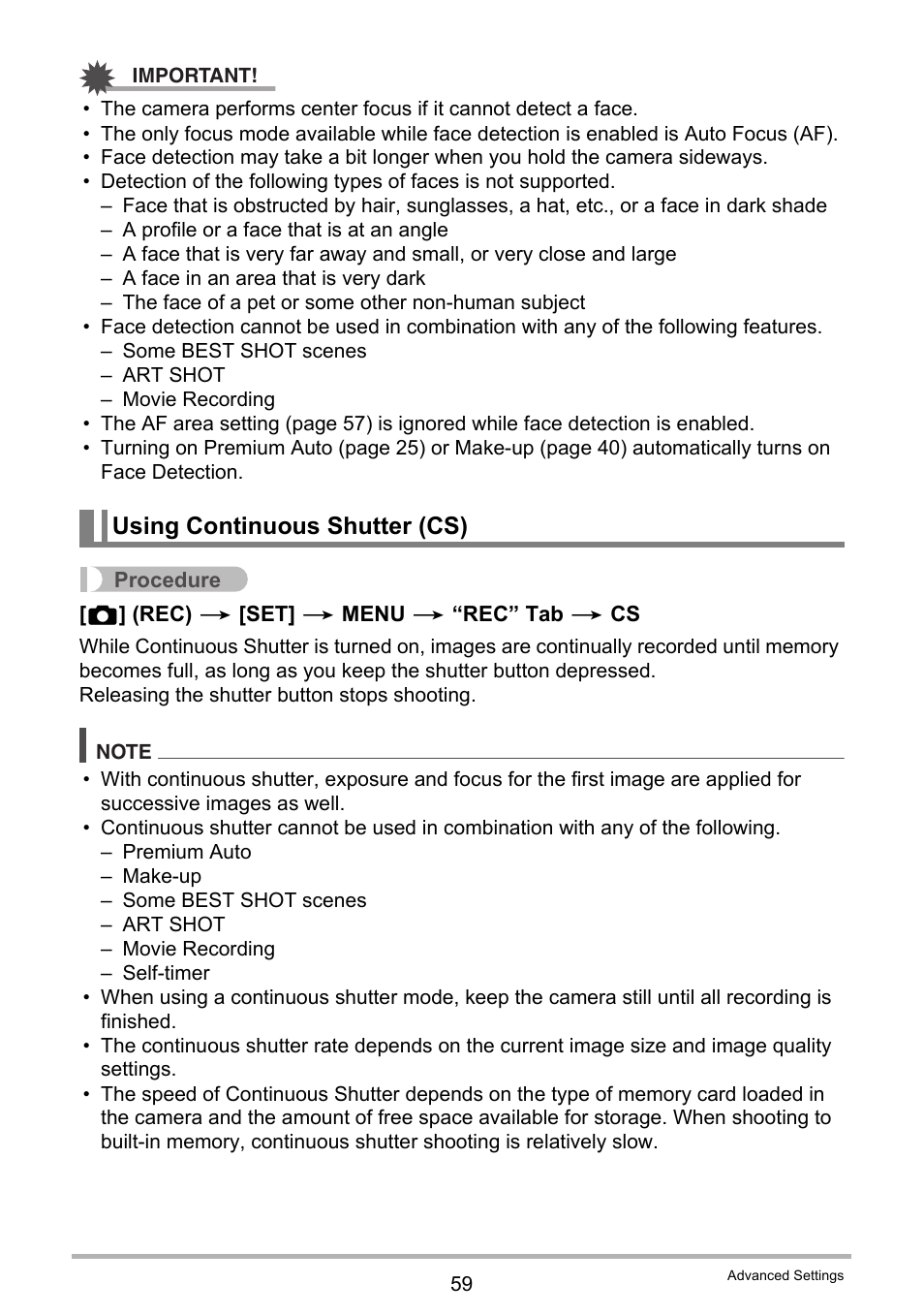 Using continuous shutter (cs) | Casio EX-H60 User Manual | Page 59 / 136