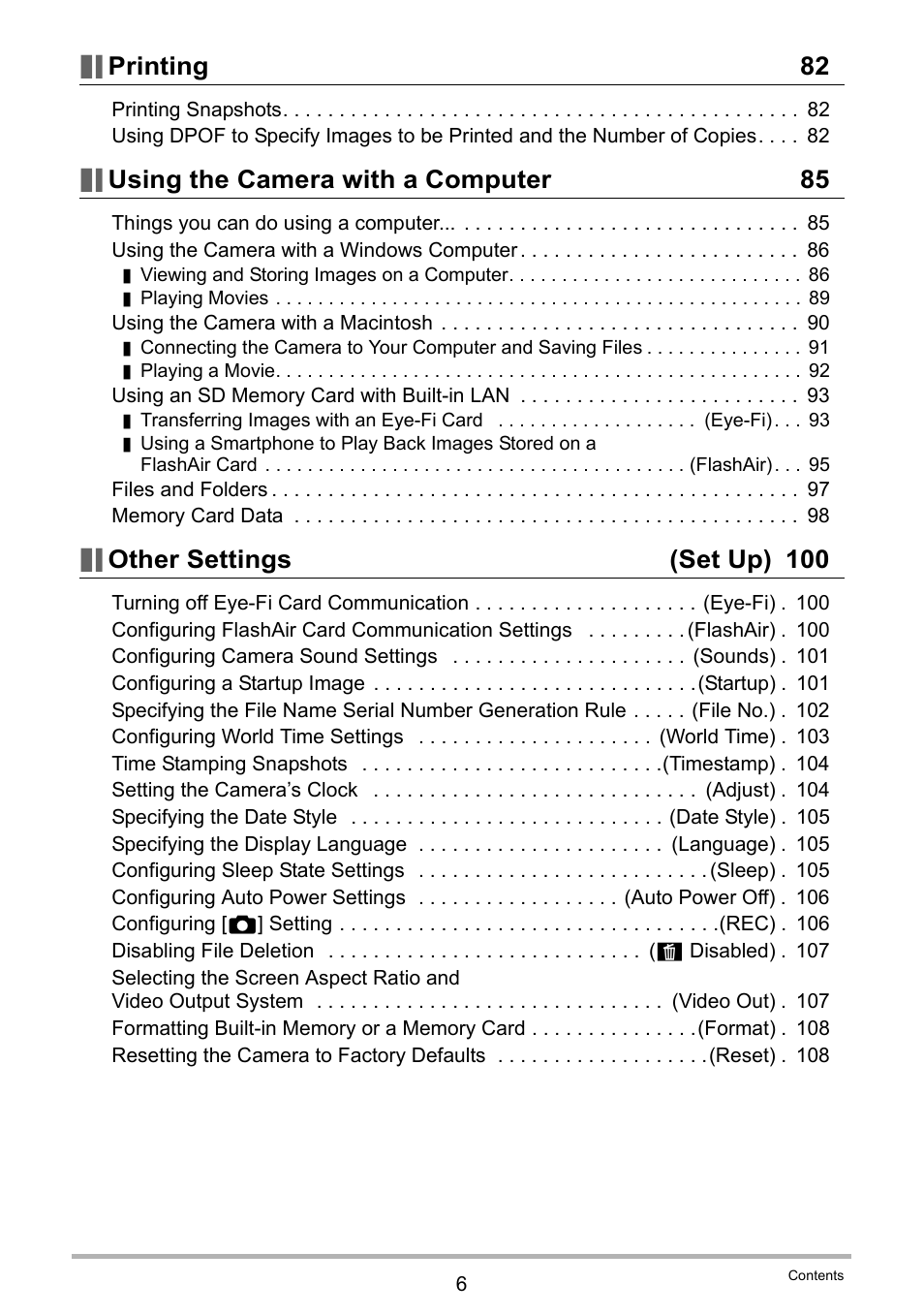 Printing 82, Using the camera with a computer 85, Other settings (set up) 100 | Casio EX-H60 User Manual | Page 6 / 136