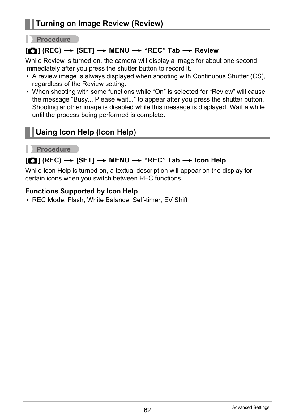 Turning on image review (review), Using icon help (icon help) | Casio EX-H60 User Manual | Page 62 / 136