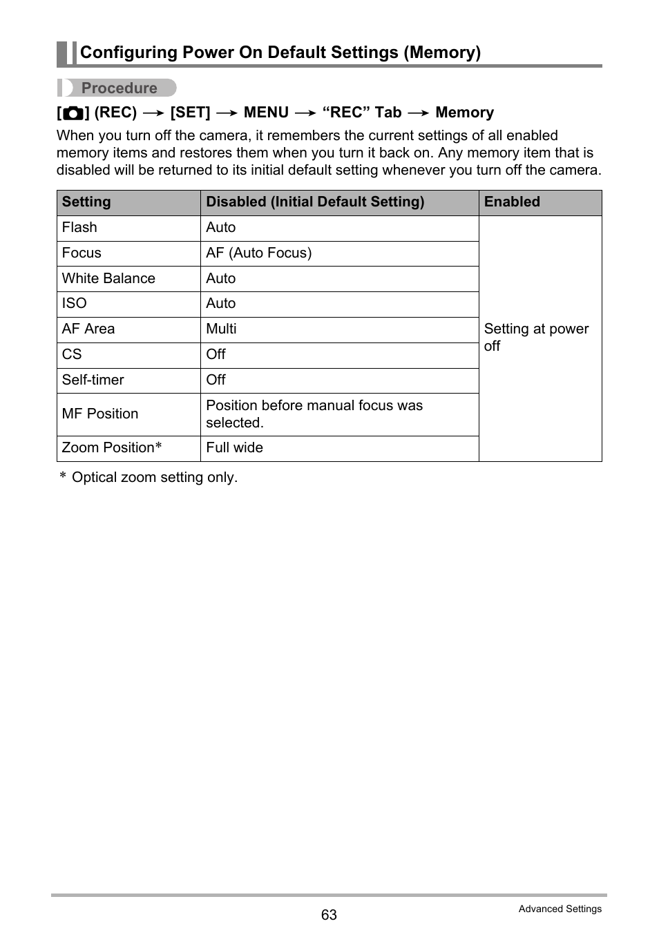 Configuring power on default settings (memory) | Casio EX-H60 User Manual | Page 63 / 136