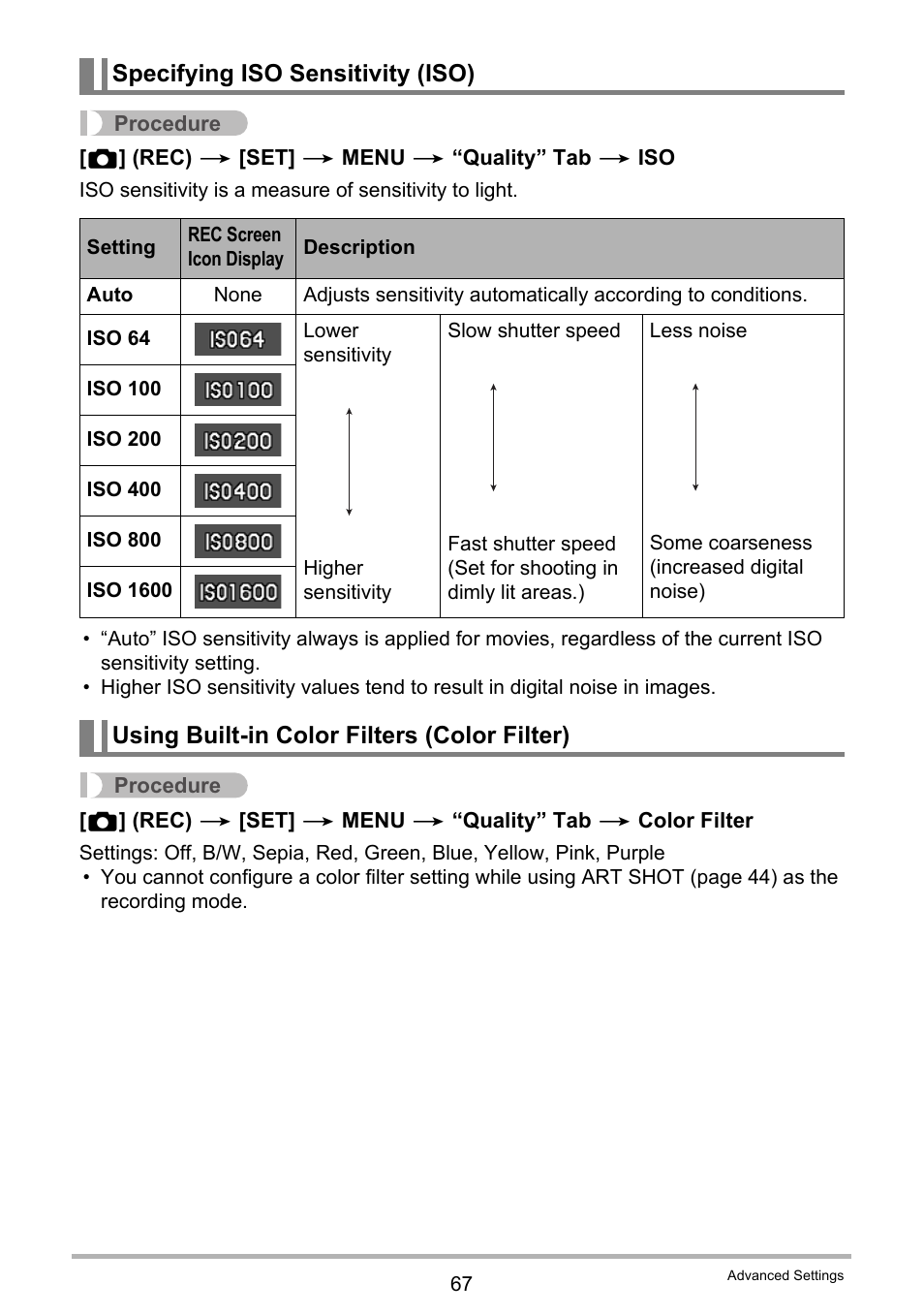 Specifying iso sensitivity (iso), Using built-in color filters (color filter) | Casio EX-H60 User Manual | Page 67 / 136