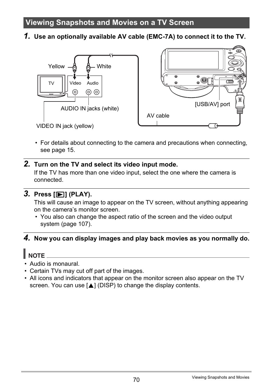 Viewing snapshots and movies on a tv screen | Casio EX-H60 User Manual | Page 70 / 136