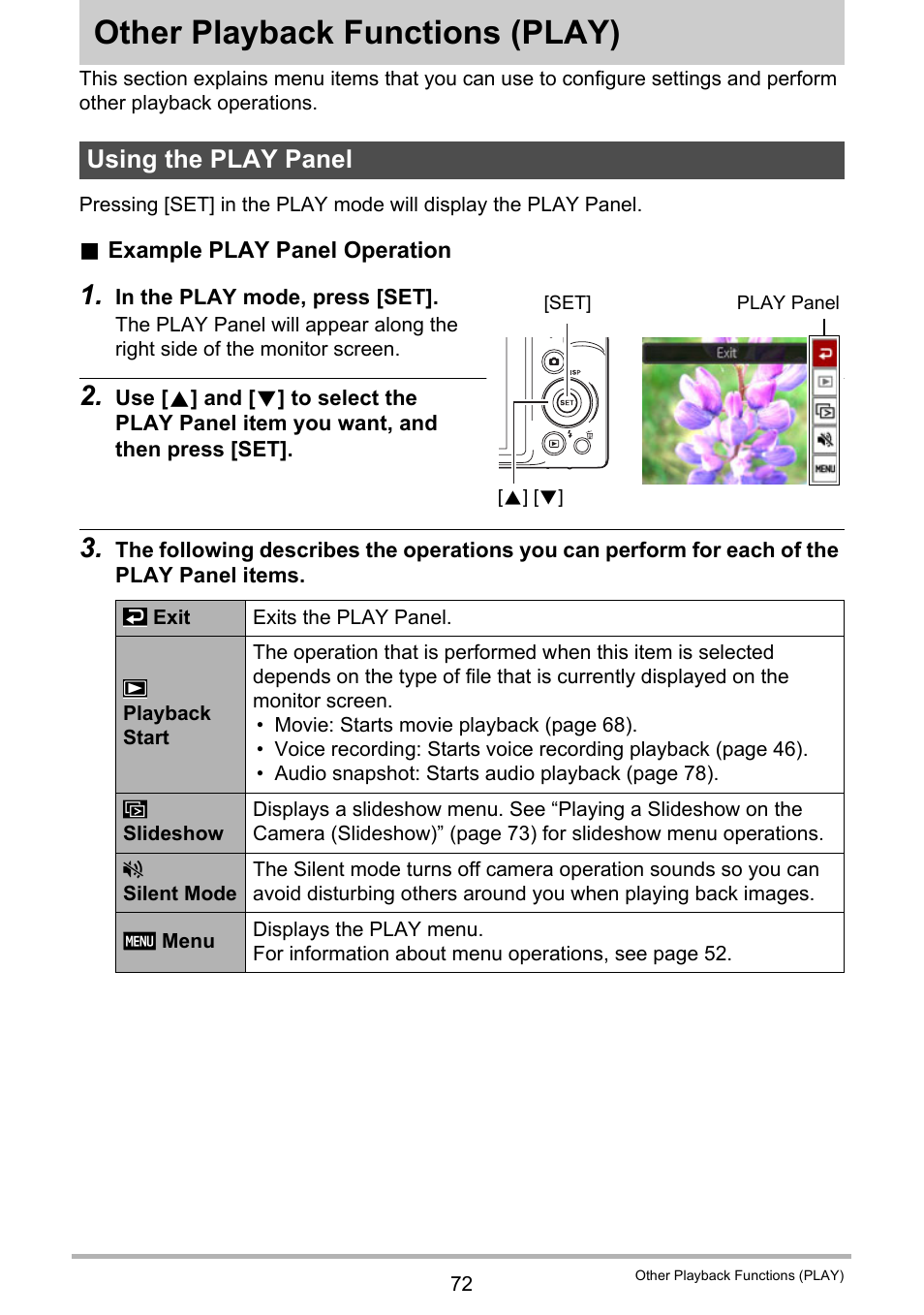 Other playback functions (play), Using the play panel, Other playback functions | Play) 72 | Casio EX-H60 User Manual | Page 72 / 136