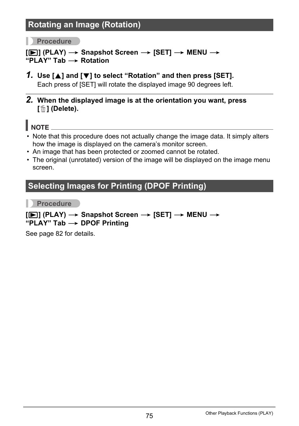 Rotating an image (rotation), Selecting images for printing (dpof printing) | Casio EX-H60 User Manual | Page 75 / 136