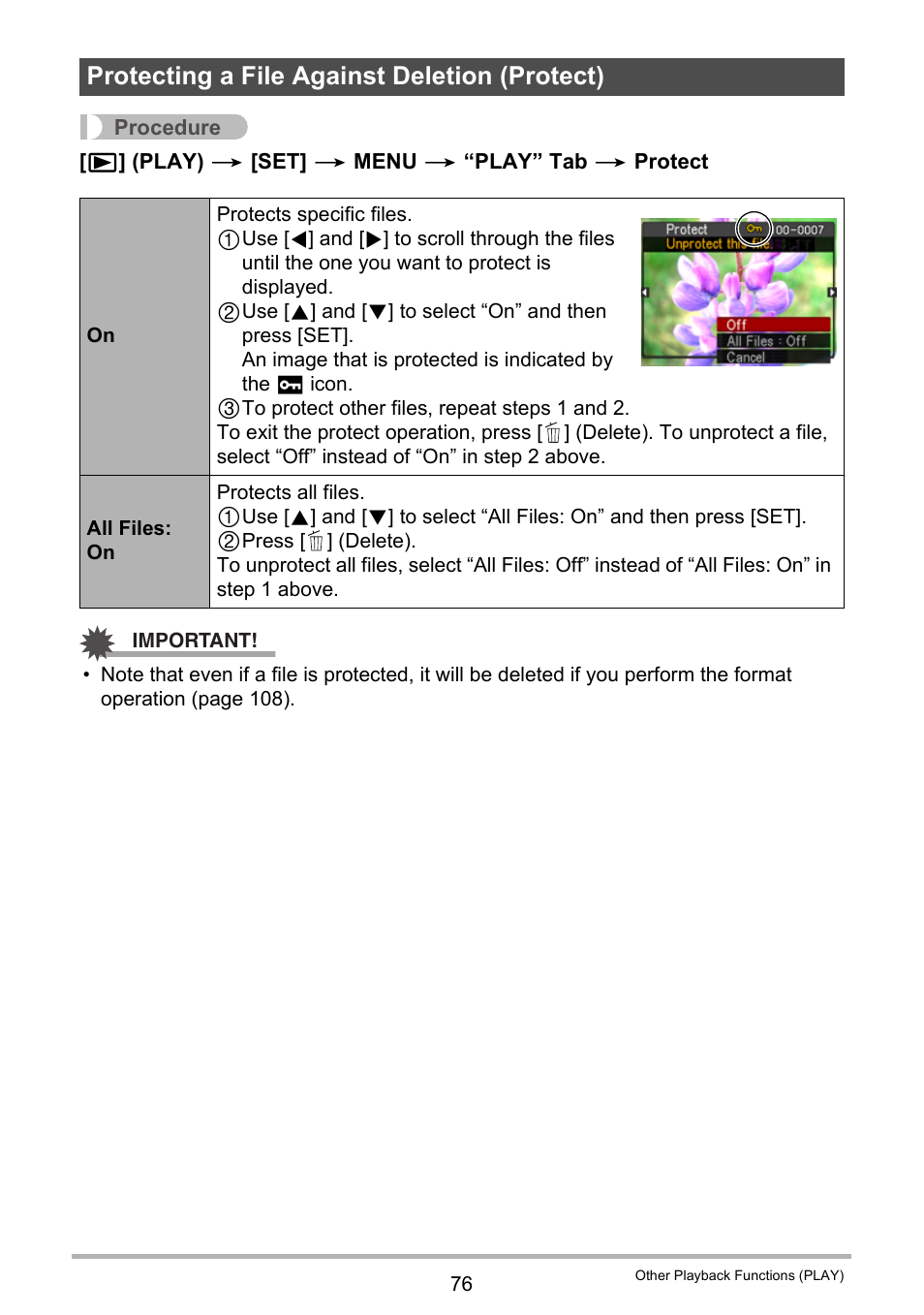 Protecting a file against deletion (protect) | Casio EX-H60 User Manual | Page 76 / 136