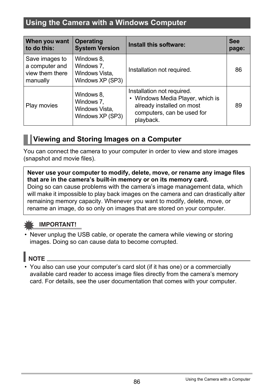 Using the camera with a windows computer, Viewing and storing images on a computer, To “using the camera with a windows computer | Casio EX-H60 User Manual | Page 86 / 136