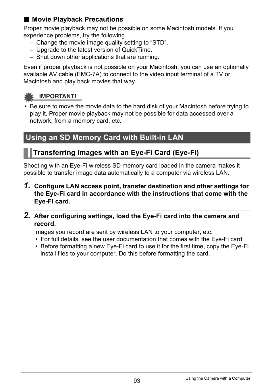 Using an sd memory card with built-in lan, Transferring images with an eye-fi card (eye-fi) | Casio EX-H60 User Manual | Page 93 / 136