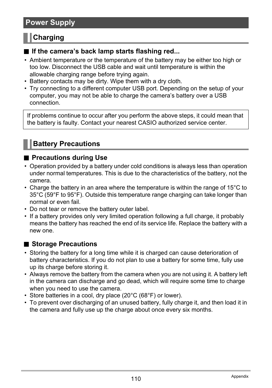 Power supply, Charging, Battery precautions | Casio EX-MR1 User Manual | Page 110 / 126
