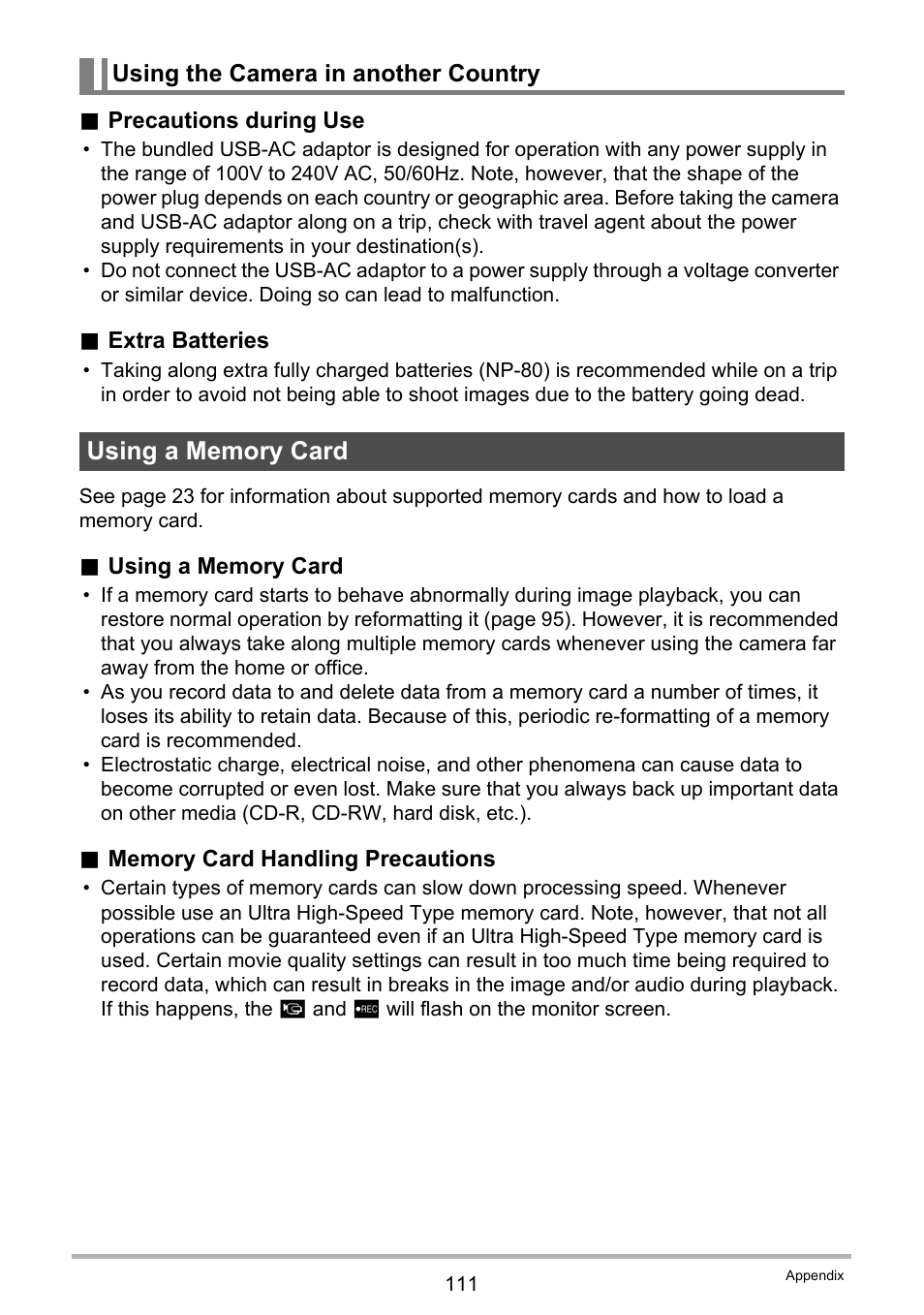 Using the camera in another country, Using a memory card | Casio EX-MR1 User Manual | Page 111 / 126