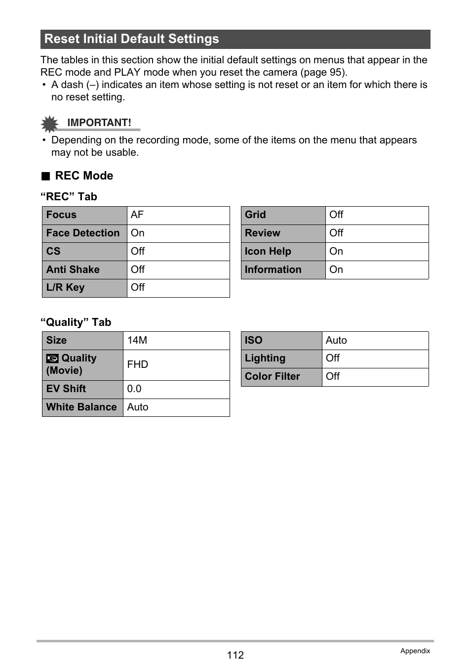 Reset initial default settings | Casio EX-MR1 User Manual | Page 112 / 126