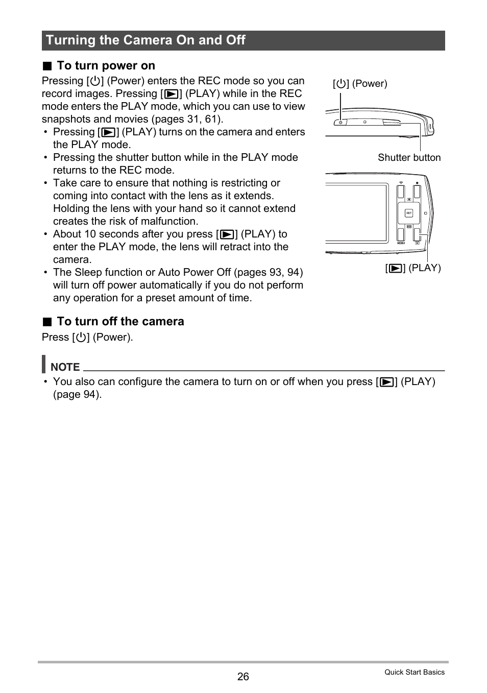 Turning the camera on and off | Casio EX-MR1 User Manual | Page 26 / 126