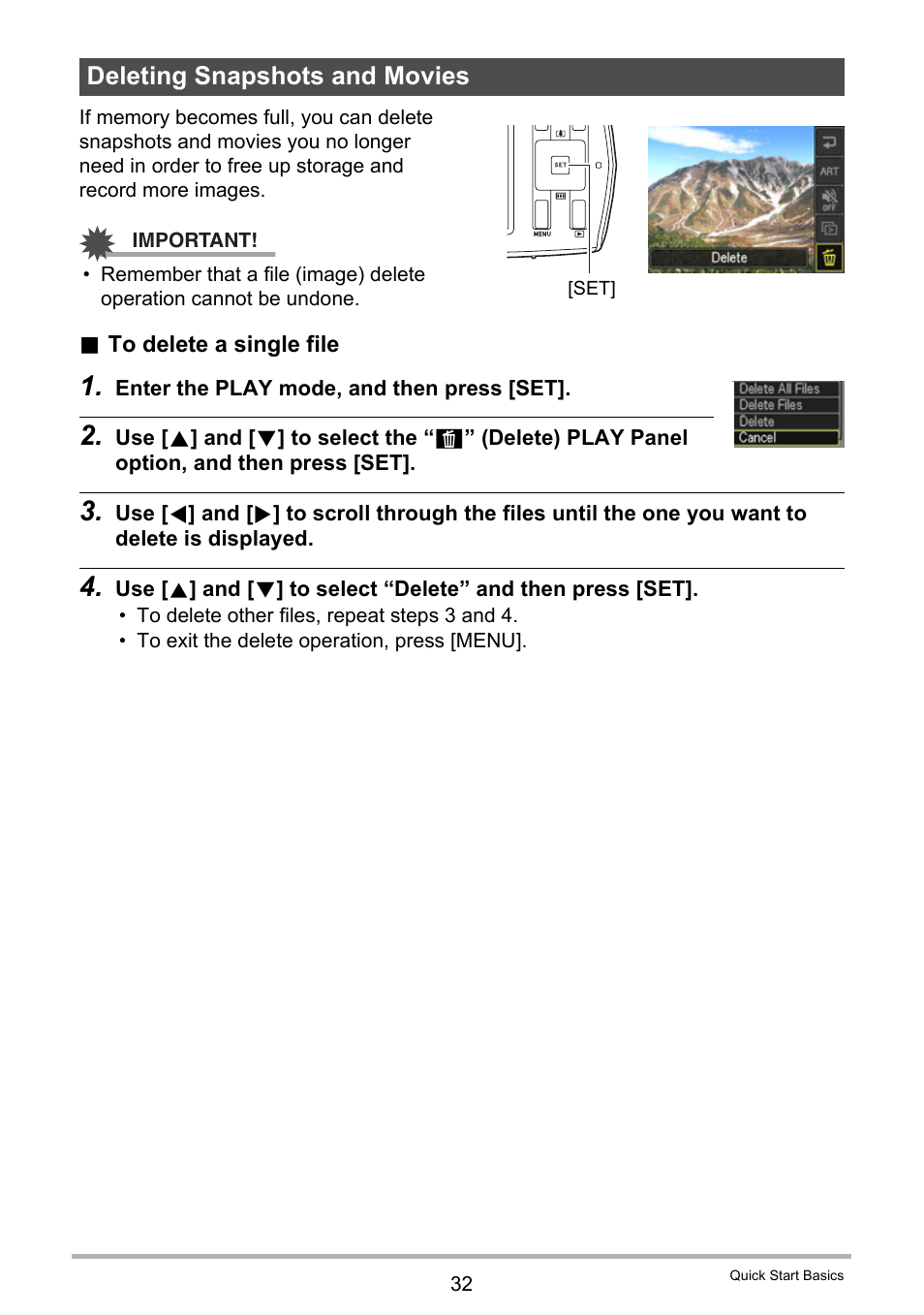 Deleting snapshots and movies | Casio EX-MR1 User Manual | Page 32 / 126