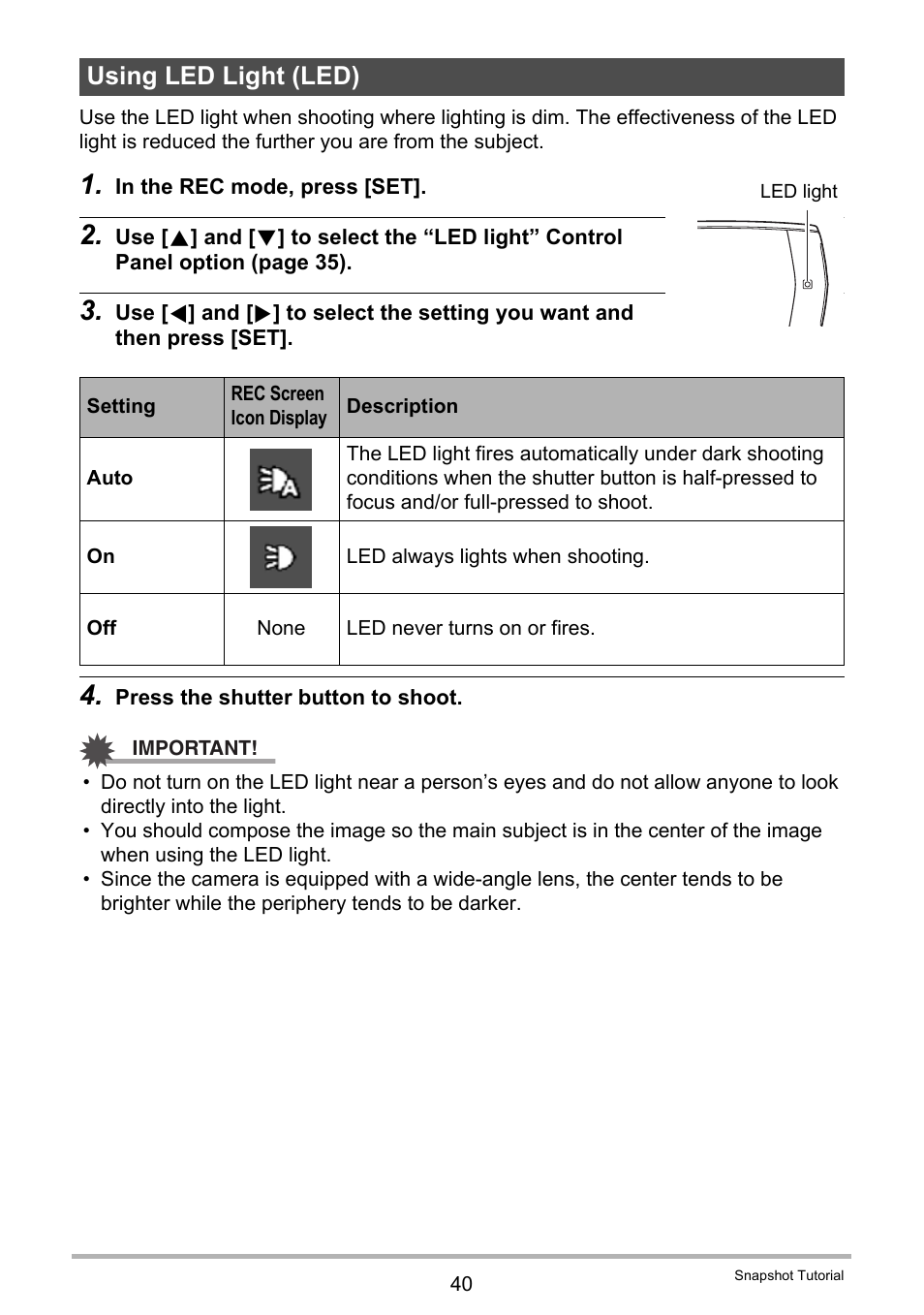 Using led light (led) | Casio EX-MR1 User Manual | Page 40 / 126