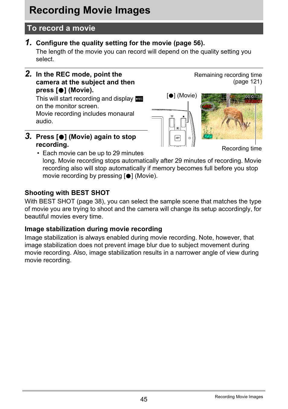 Recording movie images, To record a movie | Casio EX-MR1 User Manual | Page 45 / 126