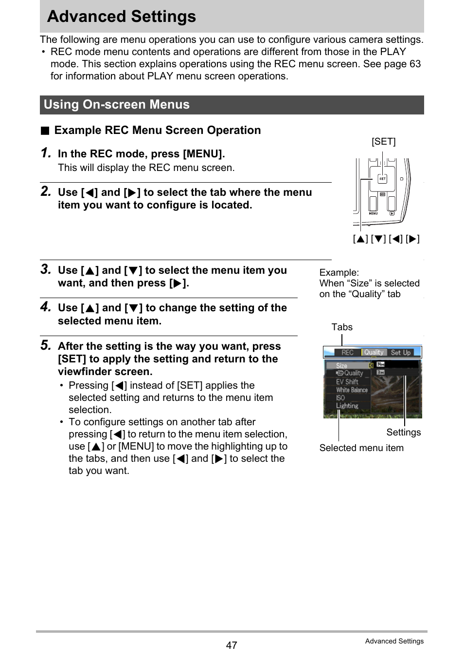 Advanced settings, Using on-screen menus | Casio EX-MR1 User Manual | Page 47 / 126