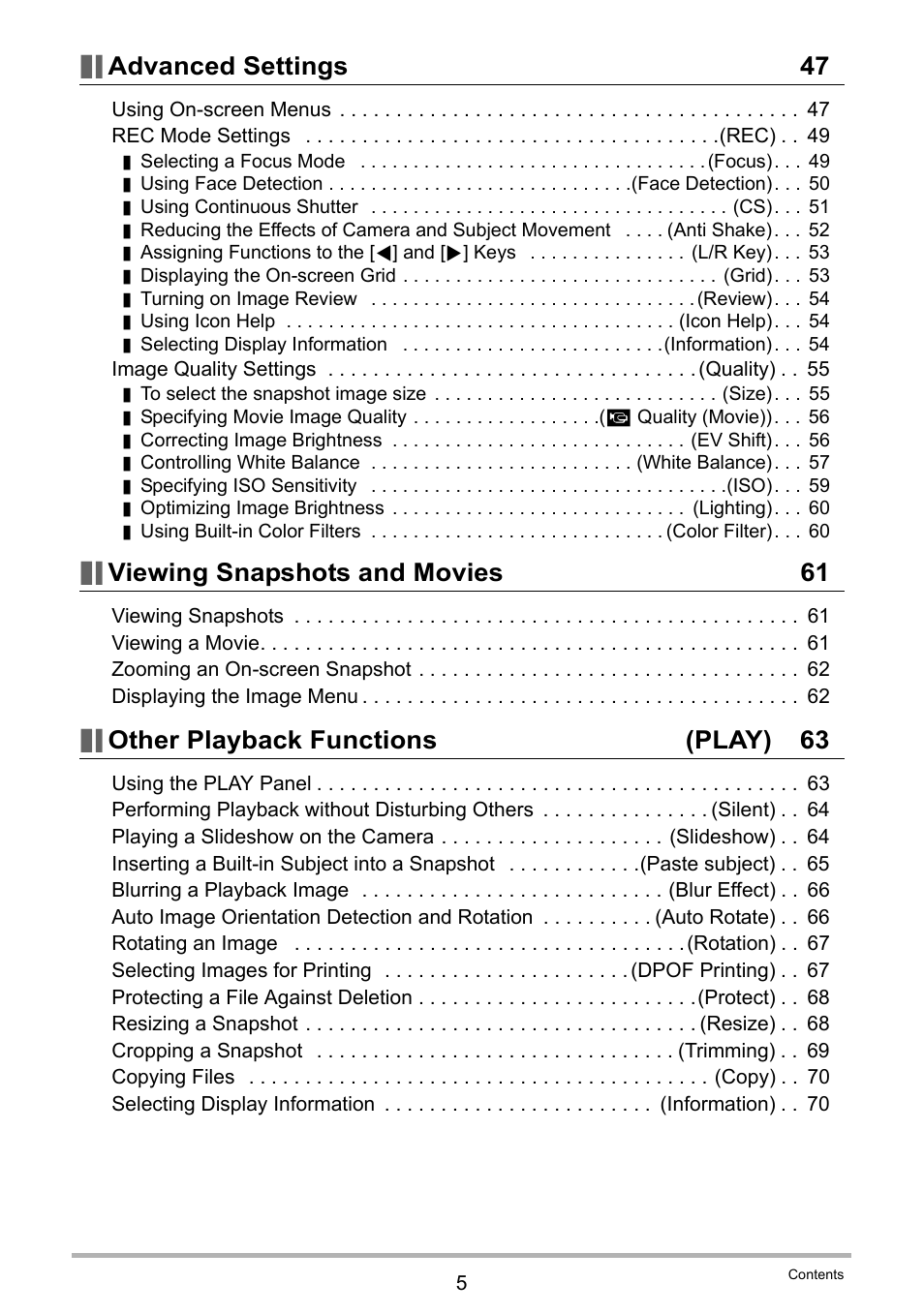 Advanced settings 47, Viewing snapshots and movies 61, Other playback functions (play) 63 | Casio EX-MR1 User Manual | Page 5 / 126