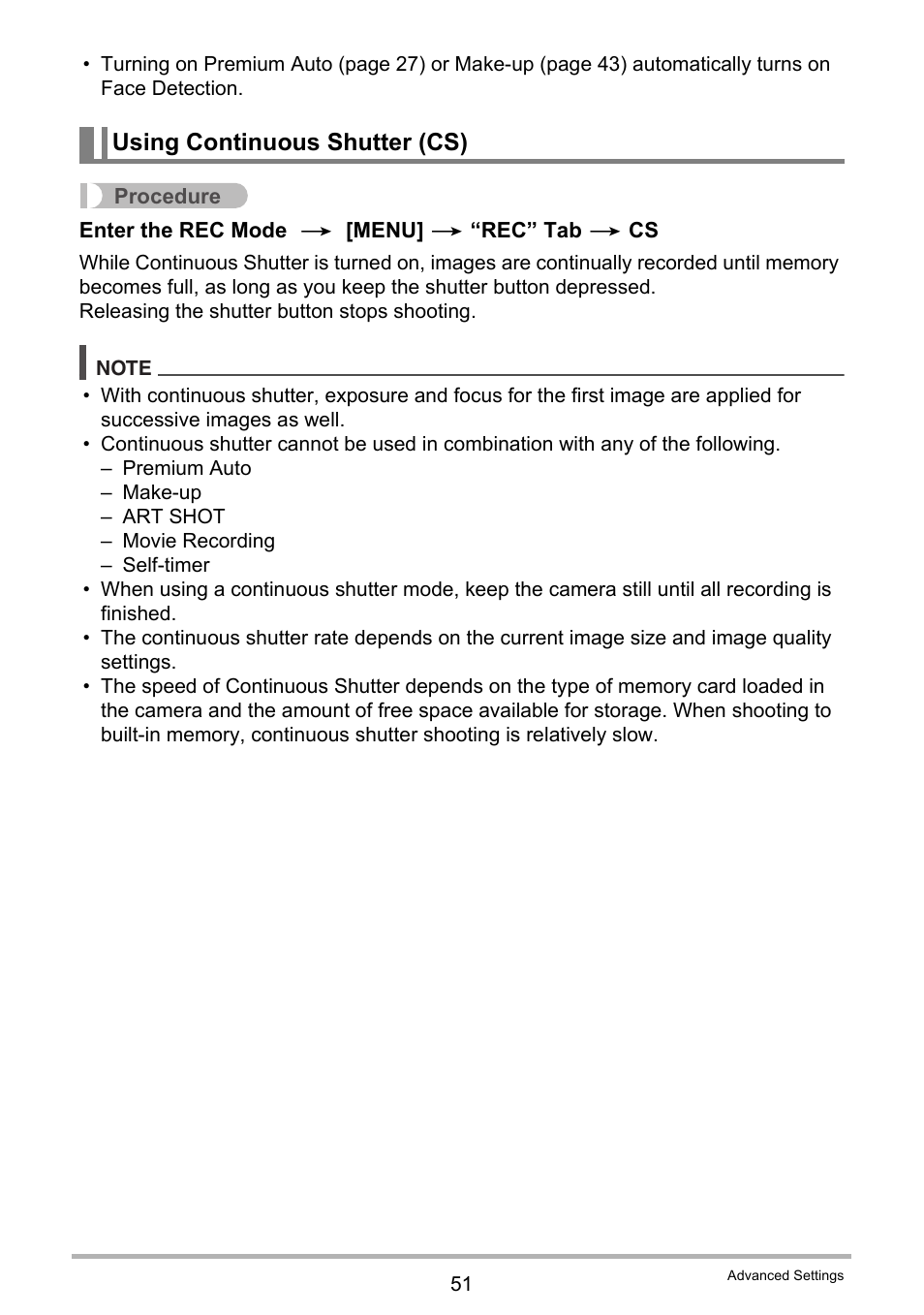 Using continuous shutter (cs) | Casio EX-MR1 User Manual | Page 51 / 126