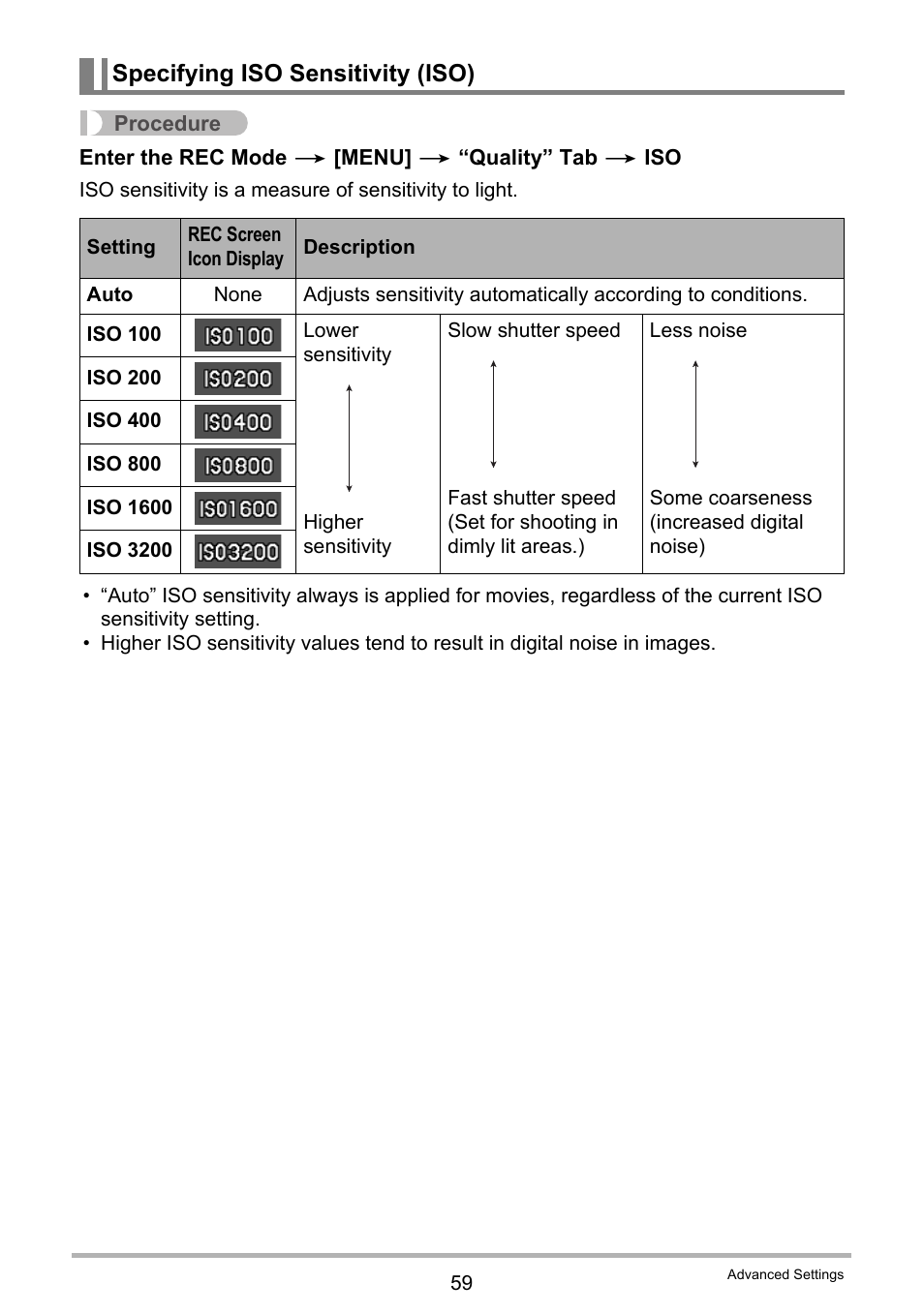 Specifying iso sensitivity (iso) | Casio EX-MR1 User Manual | Page 59 / 126