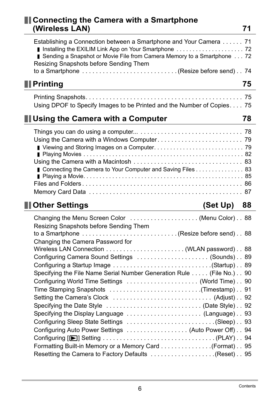 Printing 75, Using the camera with a computer 78, Other settings (set up) 88 | Casio EX-MR1 User Manual | Page 6 / 126