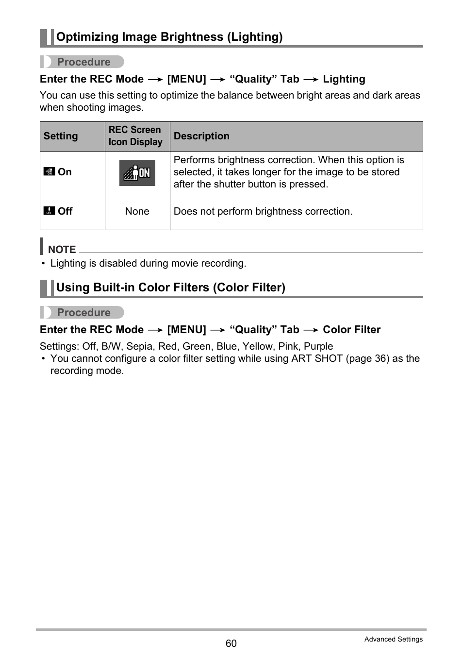 Optimizing image brightness (lighting), Using built-in color filters (color filter) | Casio EX-MR1 User Manual | Page 60 / 126