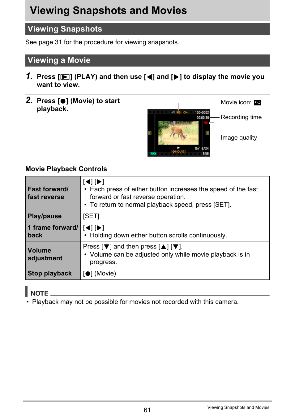 Viewing snapshots and movies, Viewing snapshots, Viewing a movie | Viewing snapshots viewing a movie, Age 61 | Casio EX-MR1 User Manual | Page 61 / 126