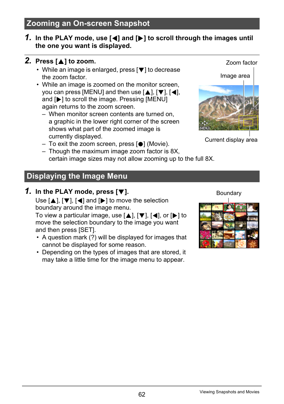 Zooming an on-screen snapshot, Displaying the image menu, Ge 62). i | Casio EX-MR1 User Manual | Page 62 / 126