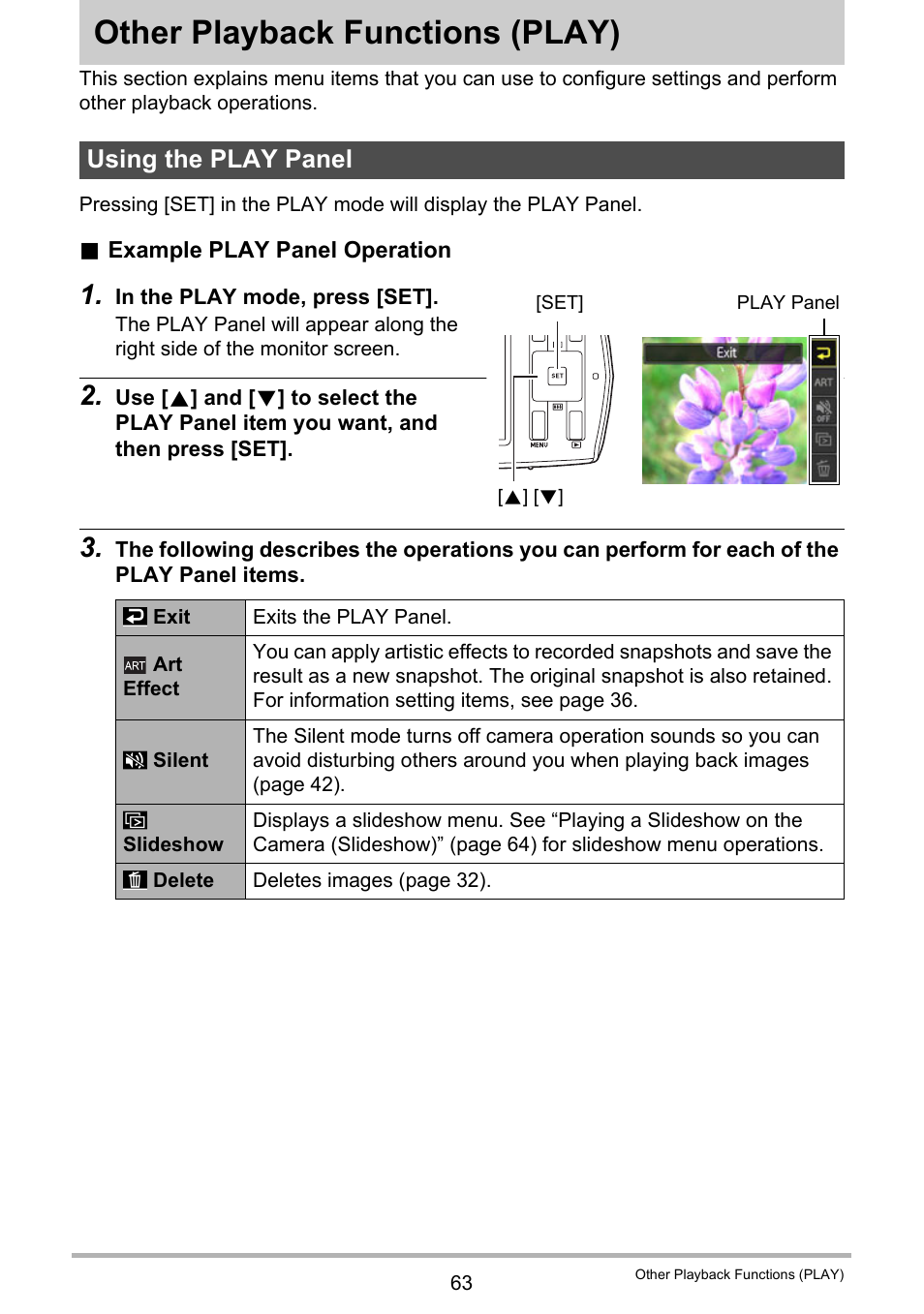 Other playback functions (play), Using the play panel, Other playback functions | Play) 63 | Casio EX-MR1 User Manual | Page 63 / 126