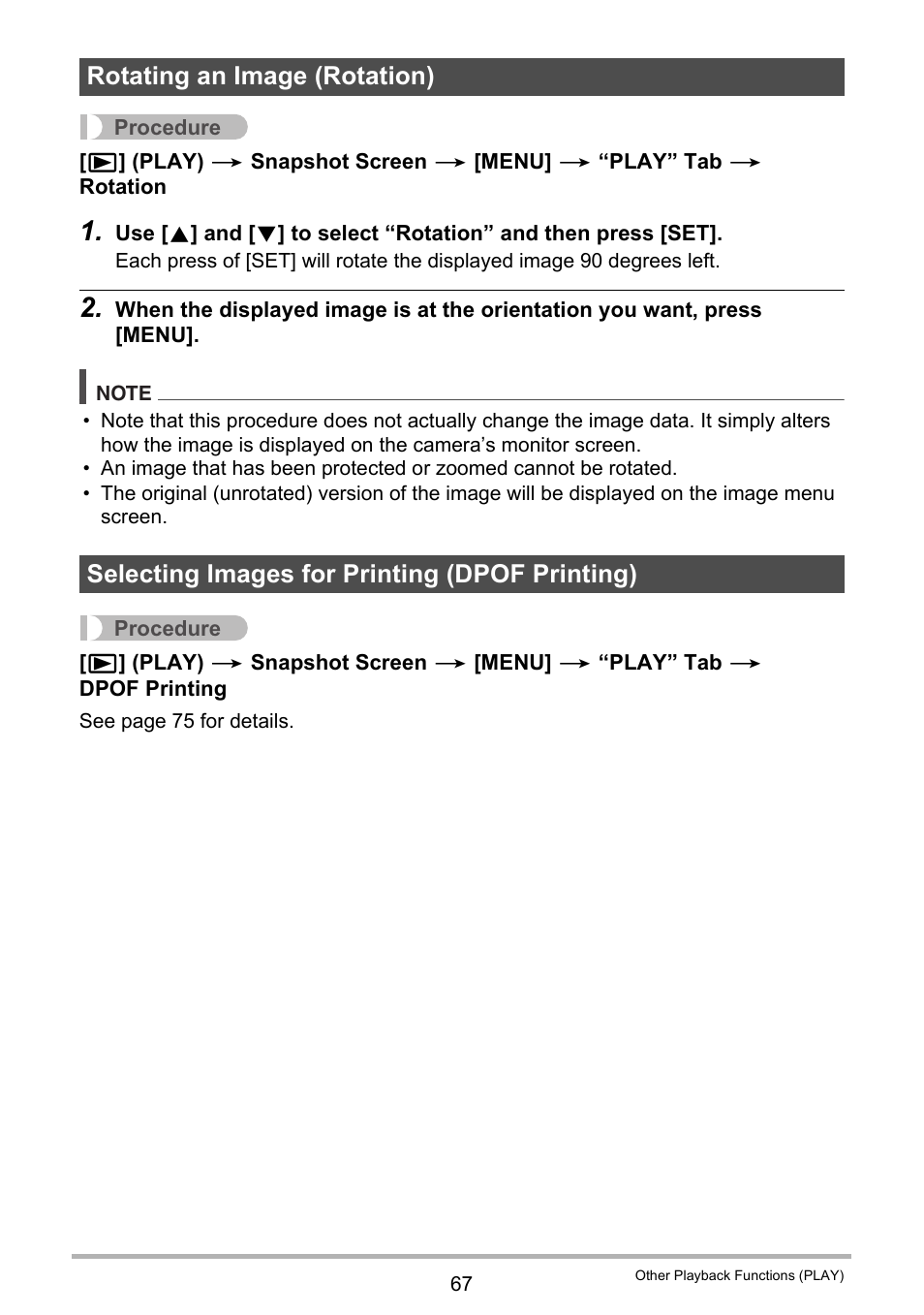 Rotating an image (rotation), Selecting images for printing (dpof printing) | Casio EX-MR1 User Manual | Page 67 / 126