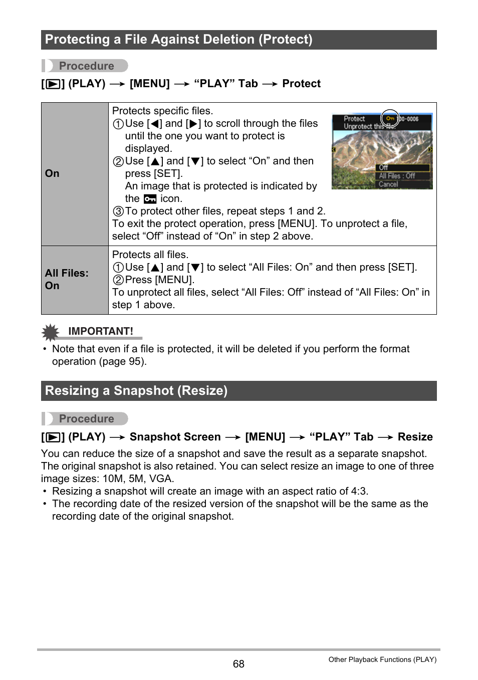 Protecting a file against deletion (protect), Resizing a snapshot (resize) | Casio EX-MR1 User Manual | Page 68 / 126