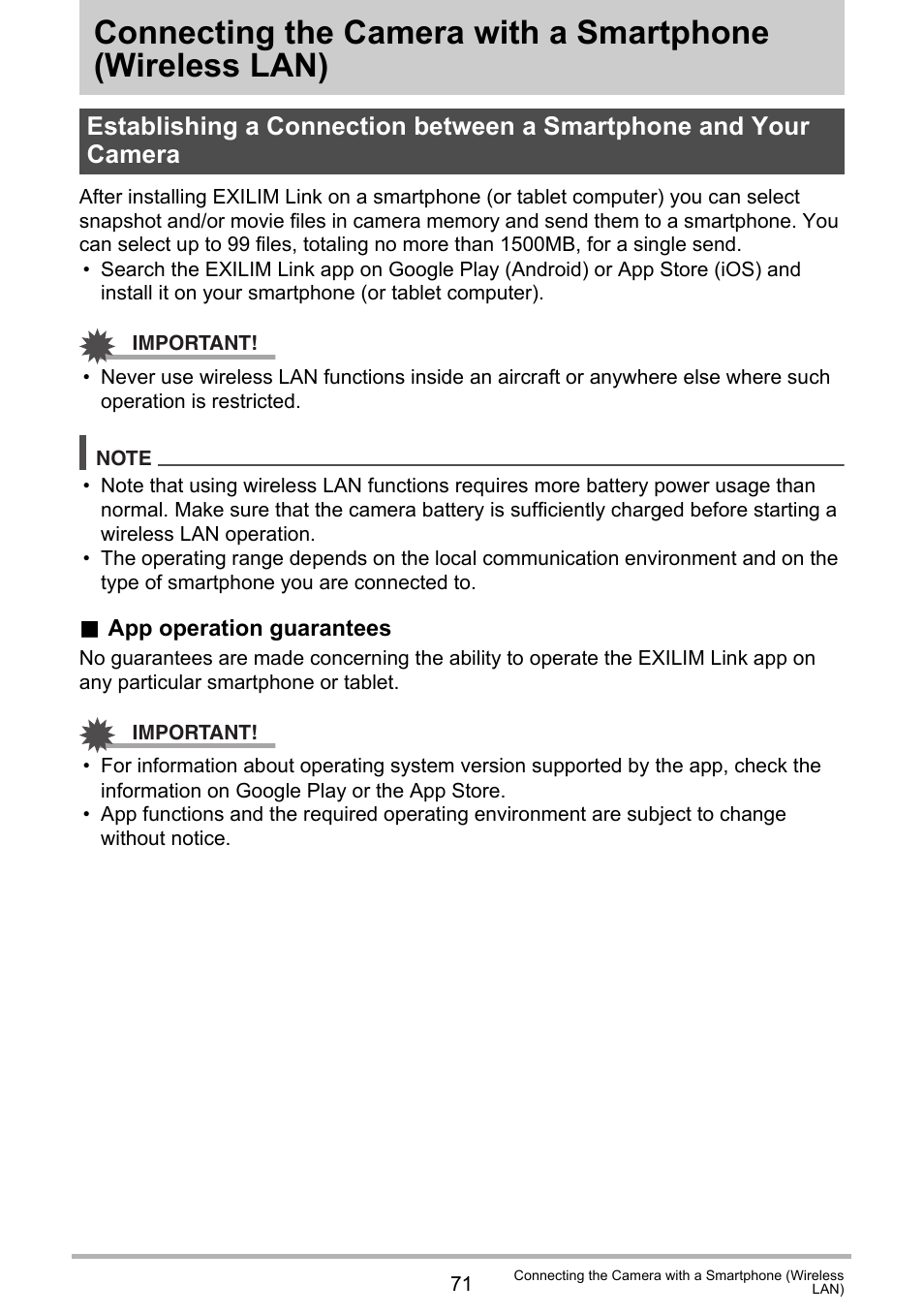 Connecting the camera with a smartphone, Wireless lan) | Casio EX-MR1 User Manual | Page 71 / 126