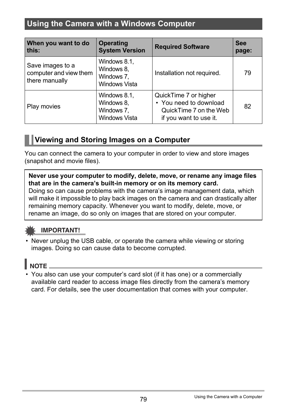 Using the camera with a windows computer, Viewing and storing images on a computer, To “using the camera with a windows computer | Casio EX-MR1 User Manual | Page 79 / 126